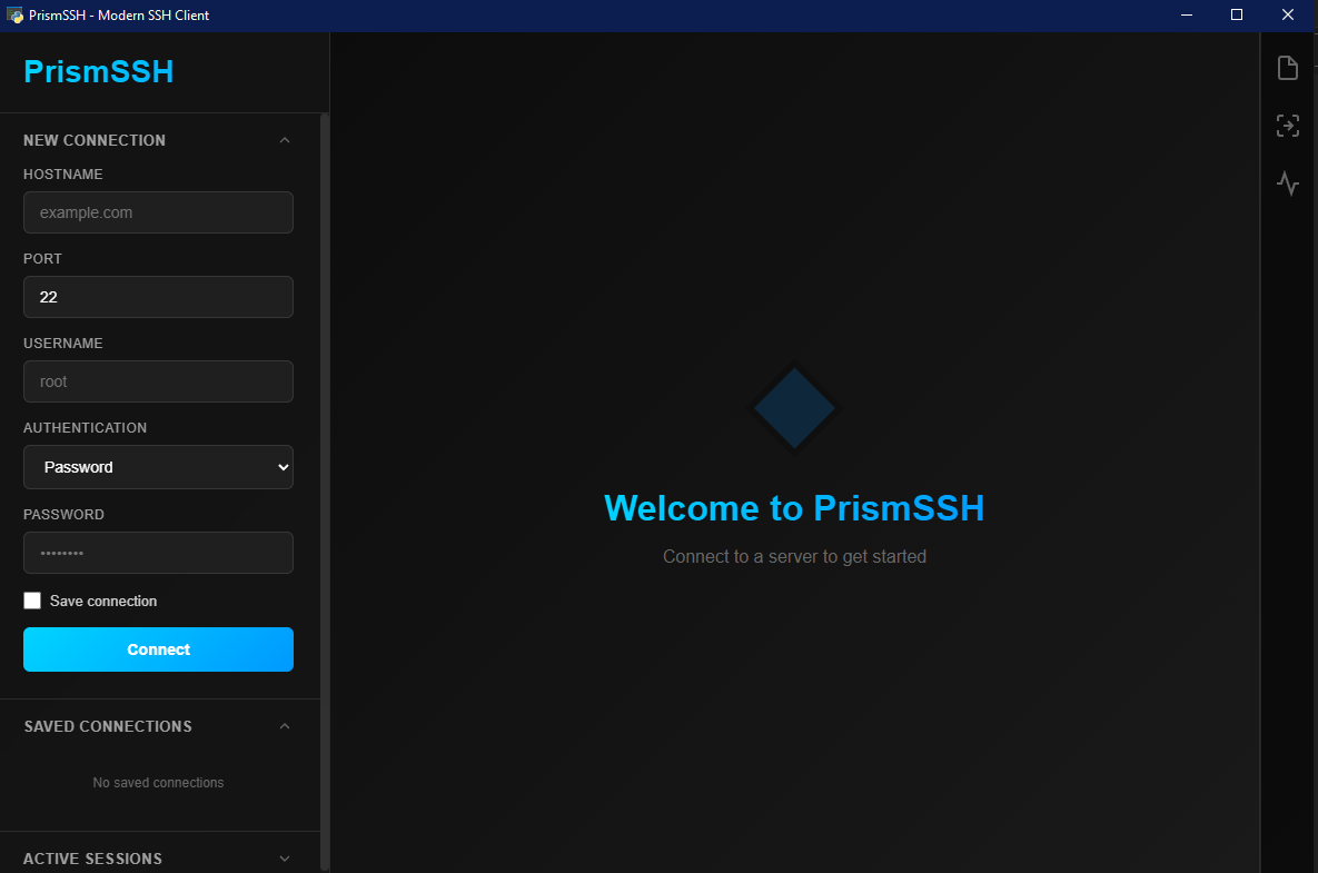 PrismSSH Interface - Modern SSH Client with Terminal, SFTP Browser, and System Monitor